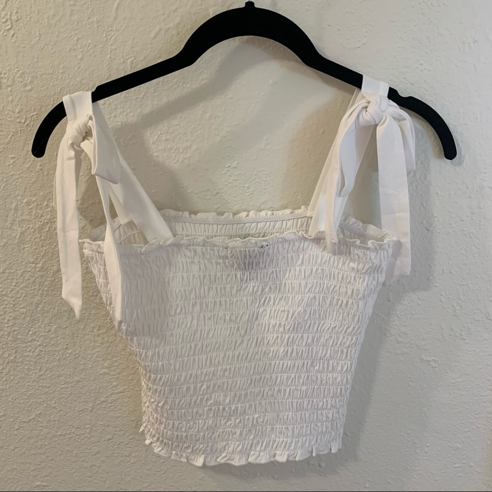 White Smocked Self Tie Crop Top